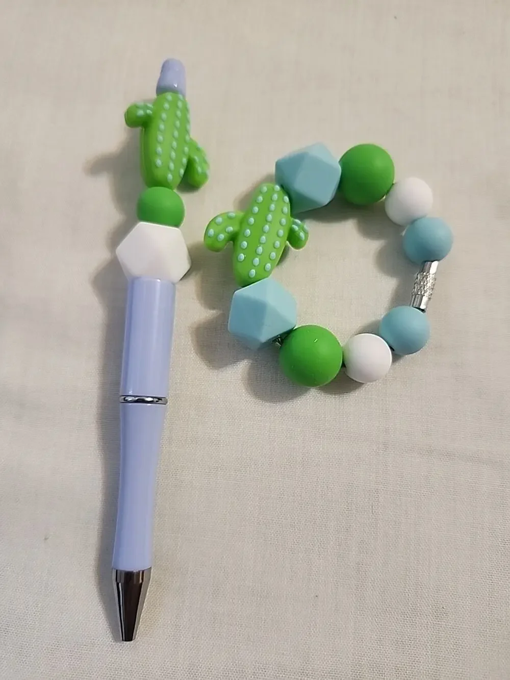 Bead Pen & Cup Charm Matching Combo Blue & Light Green Cactus Silicone